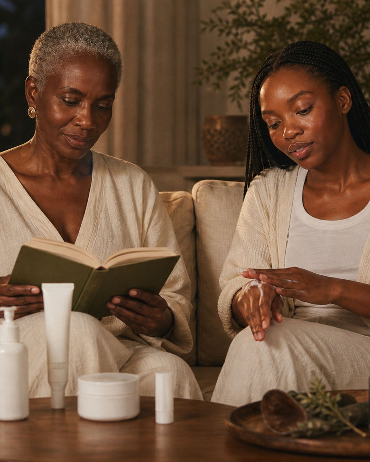Mother and daughter sharing an evening skincare ritual